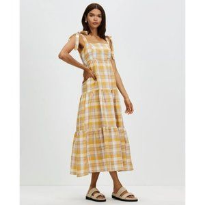 AERE Yellow Plaid Check Print  Linen Tiered Tie Strap Maxi Dress